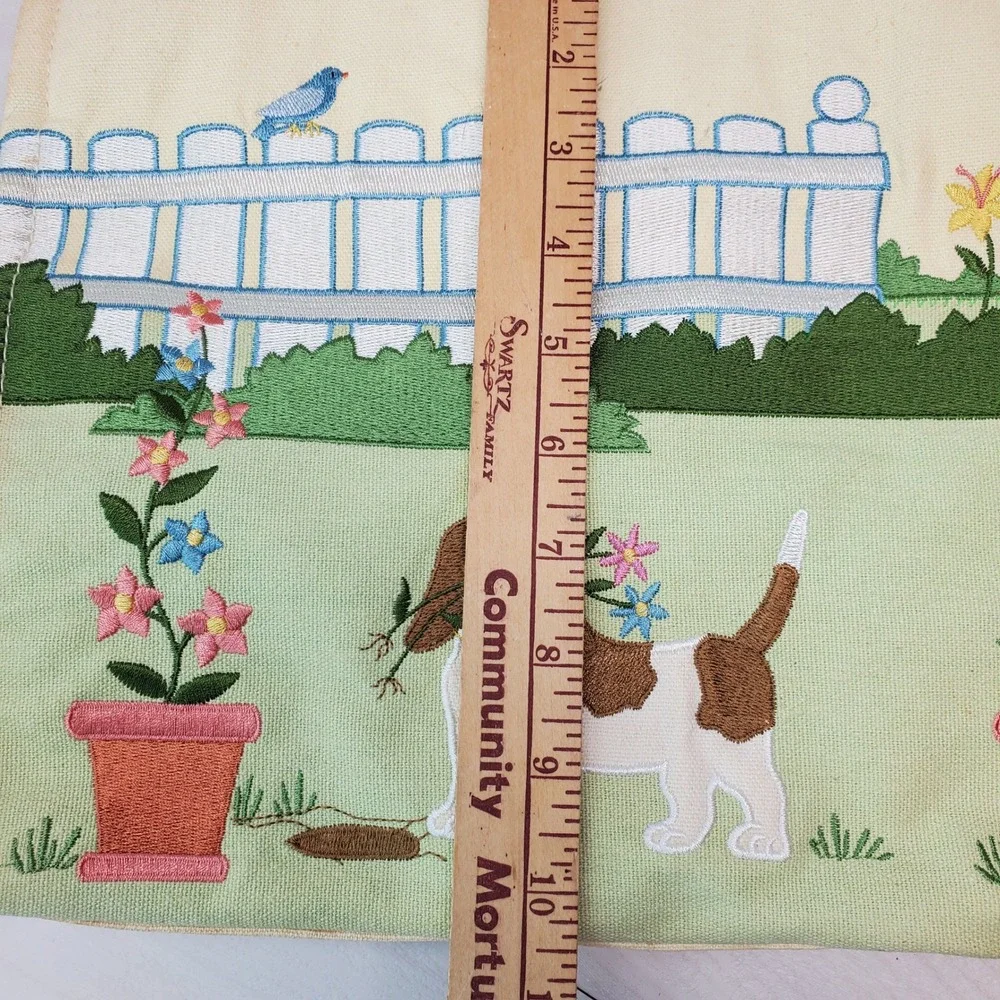 Canvas Tote Bag Embroidered Dog‎ Garden Scene Yellow Handles Snap Closure